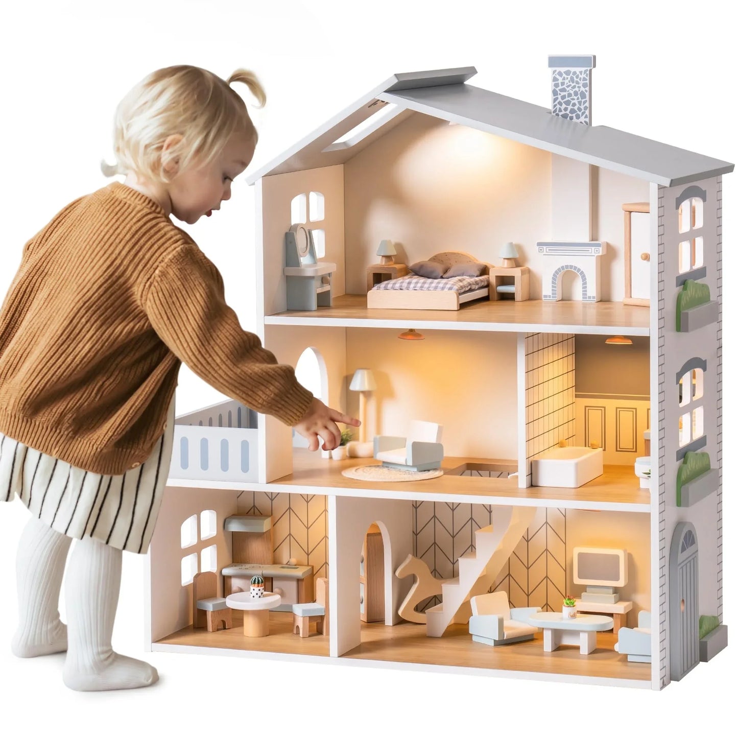 Wooden Dollhouse 6 Rooms 29 Realistic Accessories 4-6" Dolls  Nordic Style Kids  Ages 3+
