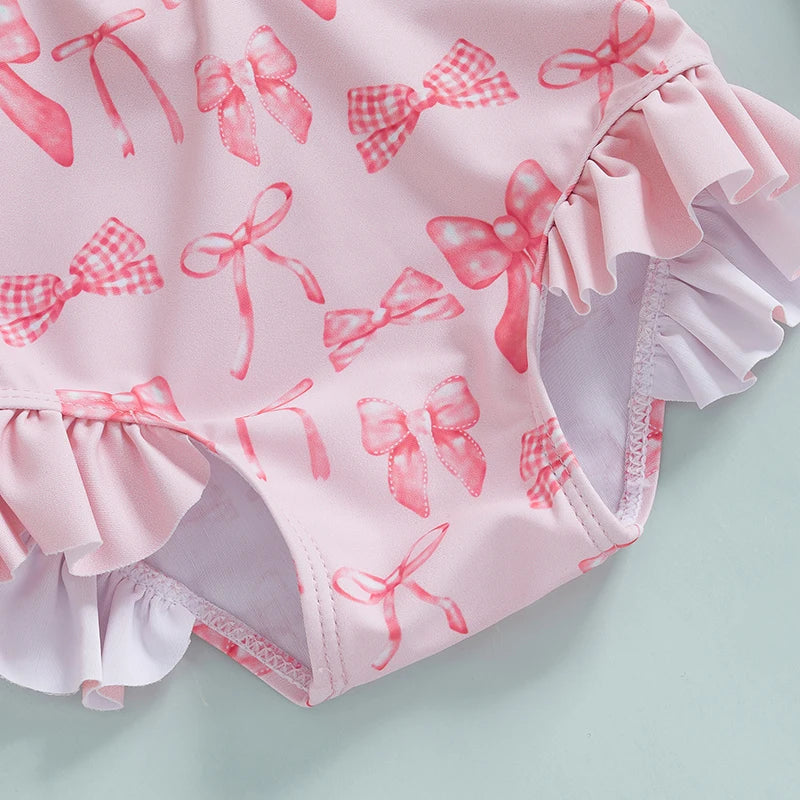 Girls Long Sleeve Swimsuit Romper with Bow Print and Matching Hat