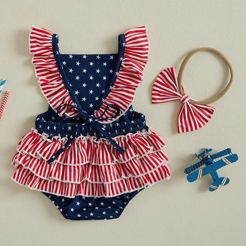 Infant Girls American Flag Romper with Ruffle and Bow Headband
