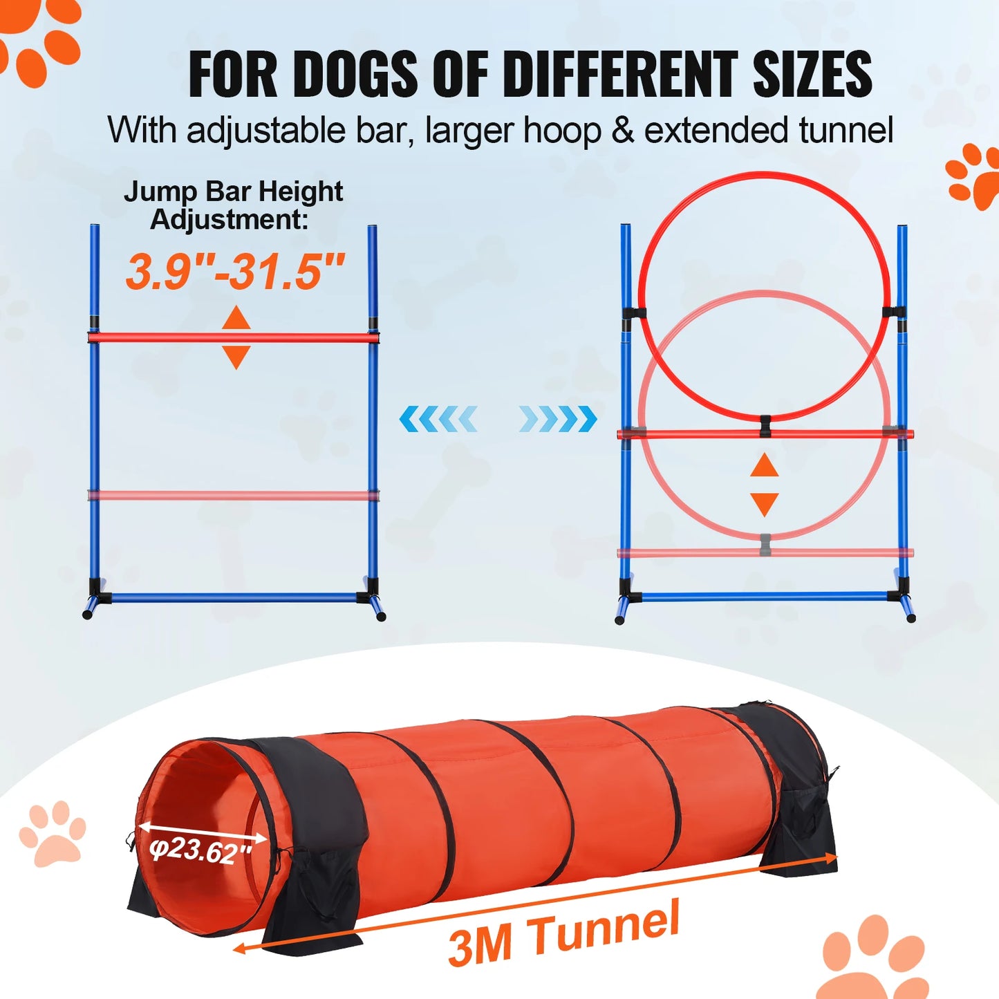 Dog Agility Training Equipment 5 PCS Set  with Adjustable Hurdles Extended Tunnel  Obstacle Course Kit with Bag