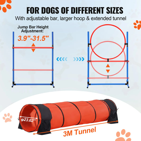 Dog Agility Training Equipment 5 PCS Set  with Adjustable Hurdles Extended Tunnel  Obstacle Course Kit with Bag