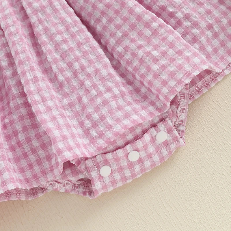 Infant Girls Checkered Romper Dress  with Matching Headband