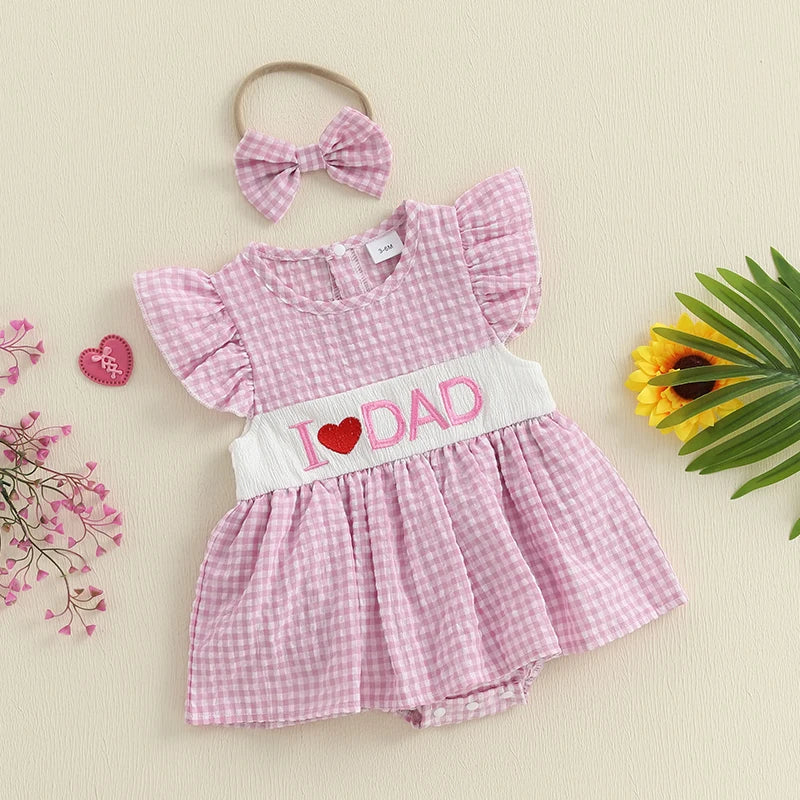 Infant Girls Checkered Romper Dress  with Matching Headband
