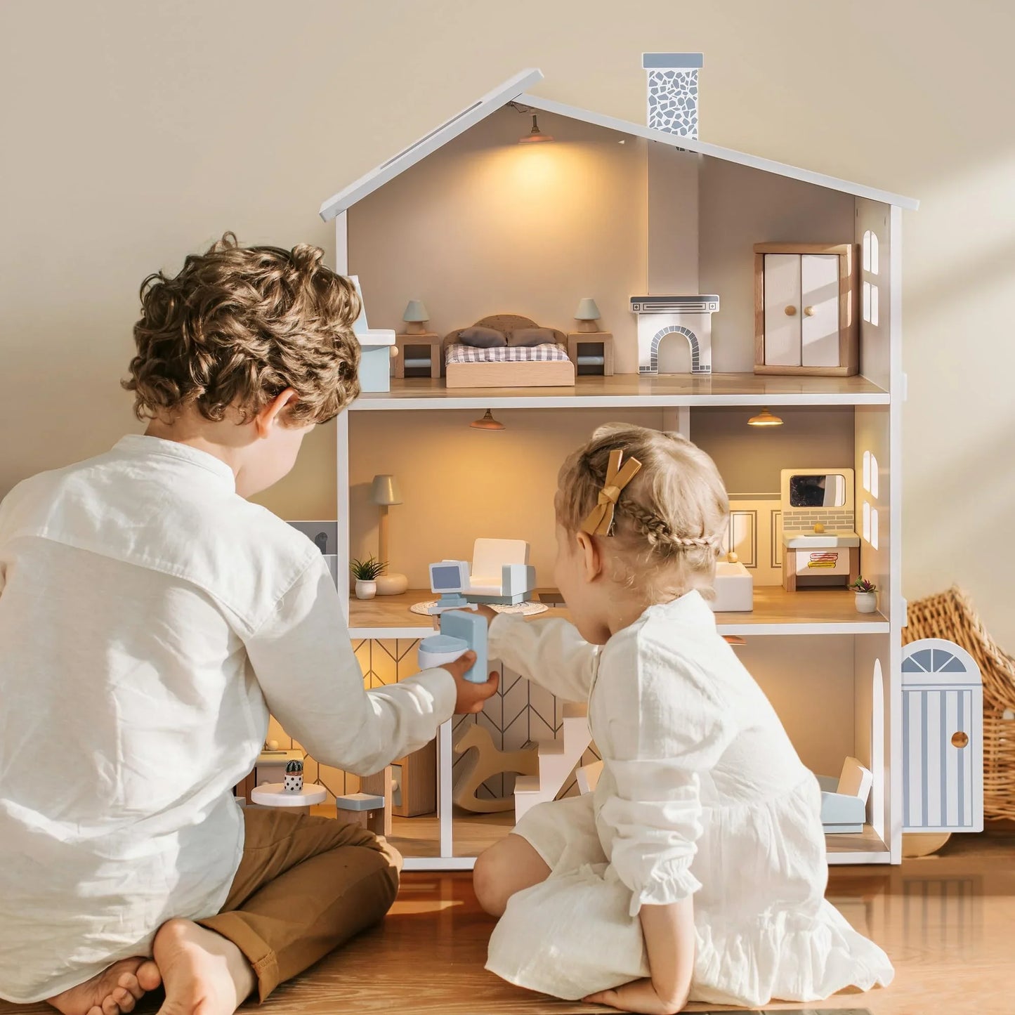 Wooden Dollhouse 6 Rooms 29 Realistic Accessories 4-6" Dolls  Nordic Style Kids  Ages 3+