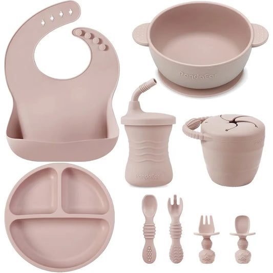 9 PCS Silicone Baby Feeding Set- Self Feeding Utensils- Divided Suction Plate- Bowl- Bib- Sippy Cup