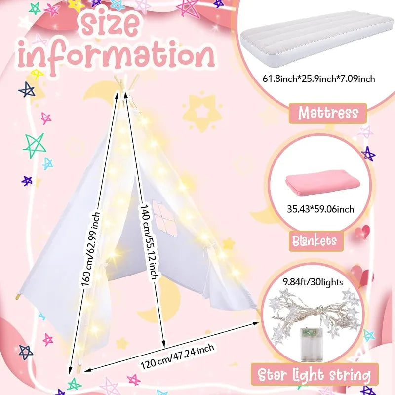 8 Pcs Kids Teepee - string lights, Inflatable Airbed, Bedding , Washable