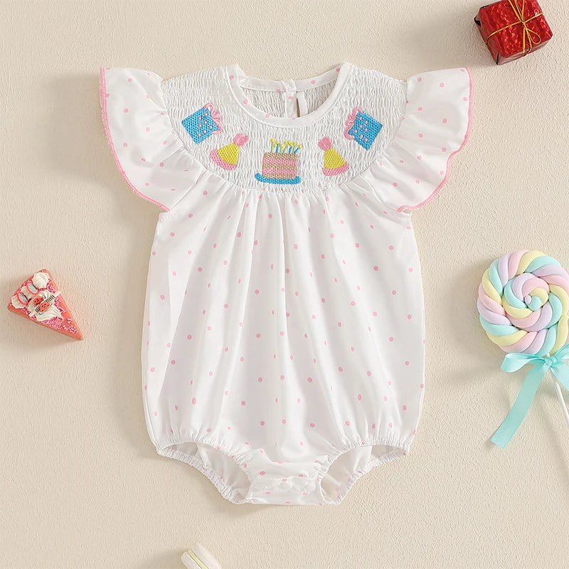Girls Romper with Cupcake Embroidery and Flutter Sleeves - Perfect for Birthday Celebrations