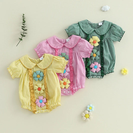 Infant/Toddler Girls Floral Print Ruffle Sleeve Romper with Bowknot Headband   3 colors available