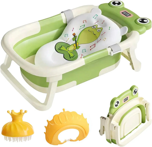 Baby Bath Tub with Cushion, Foldable, Thermometer Shower Cap, Shower Brush,  0-36 Months