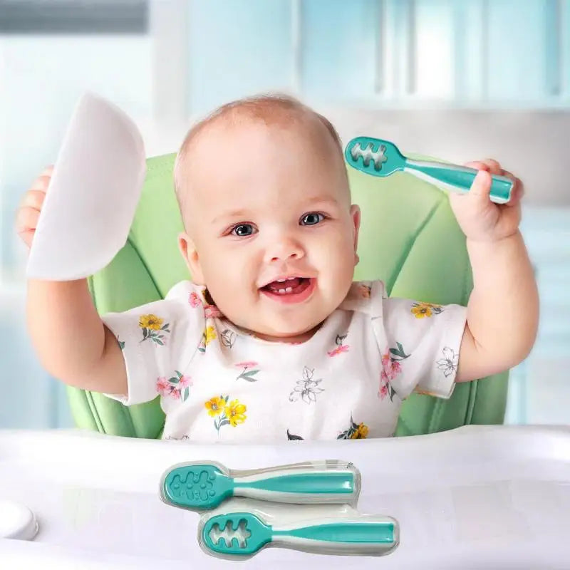 Teething Spoon Self Feeding Weaning Spoons 2Pcs Utensils - 6 Months Babies Pureed Foods Feed Training