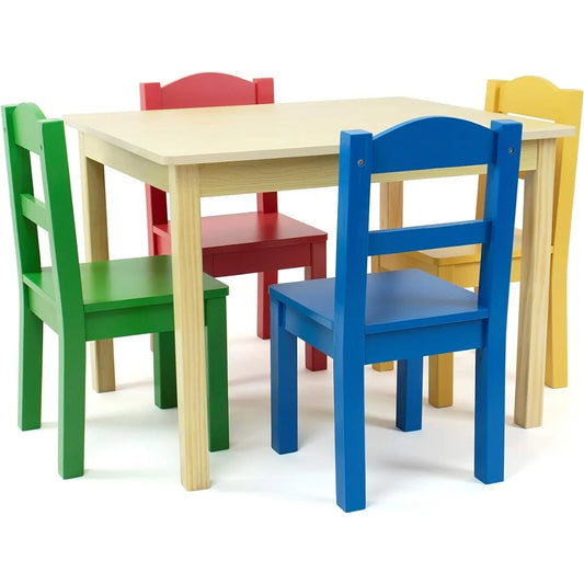 Kids Wood Table & 4 Chair Set, Natural/Primary