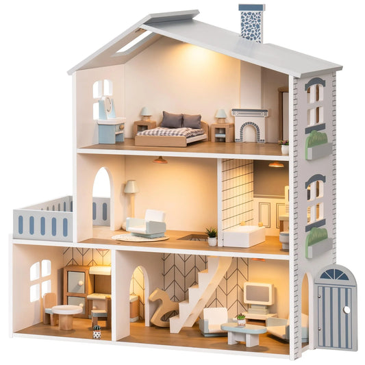 Wooden Dollhouse 6 Rooms 29 Realistic Accessories 4-6" Dolls  Nordic Style Kids  Ages 3+