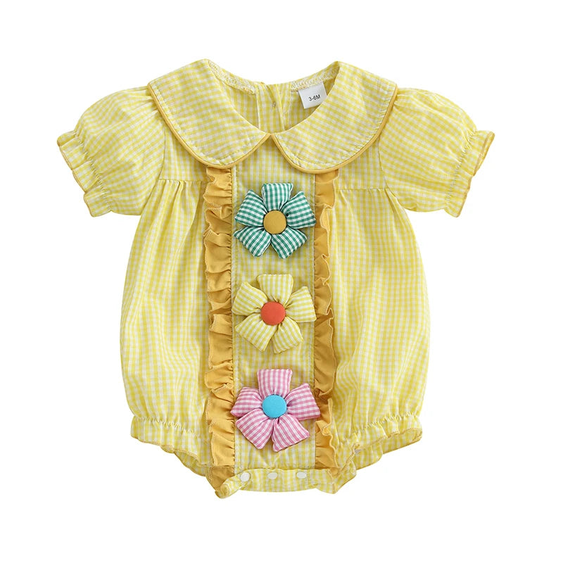 Infant/Toddler Girls Floral Print Ruffle Sleeve Romper with Bowknot Headband   3 colors available