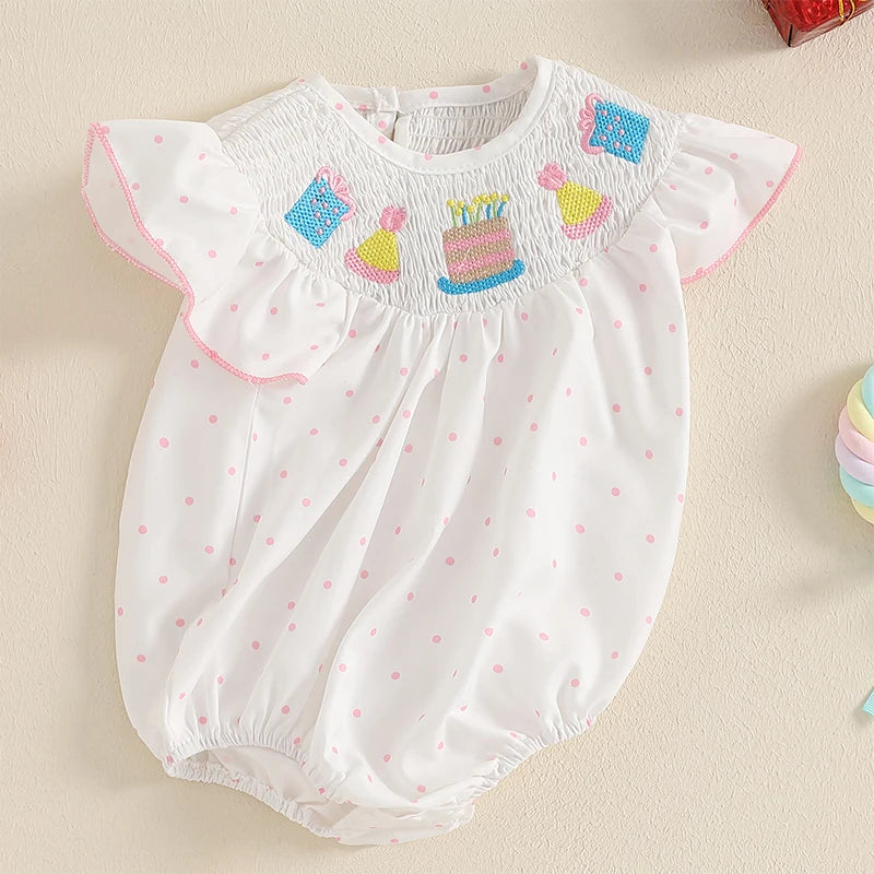 Girls Romper with Cupcake Embroidery and Flutter Sleeves - Perfect for Birthday Celebrations