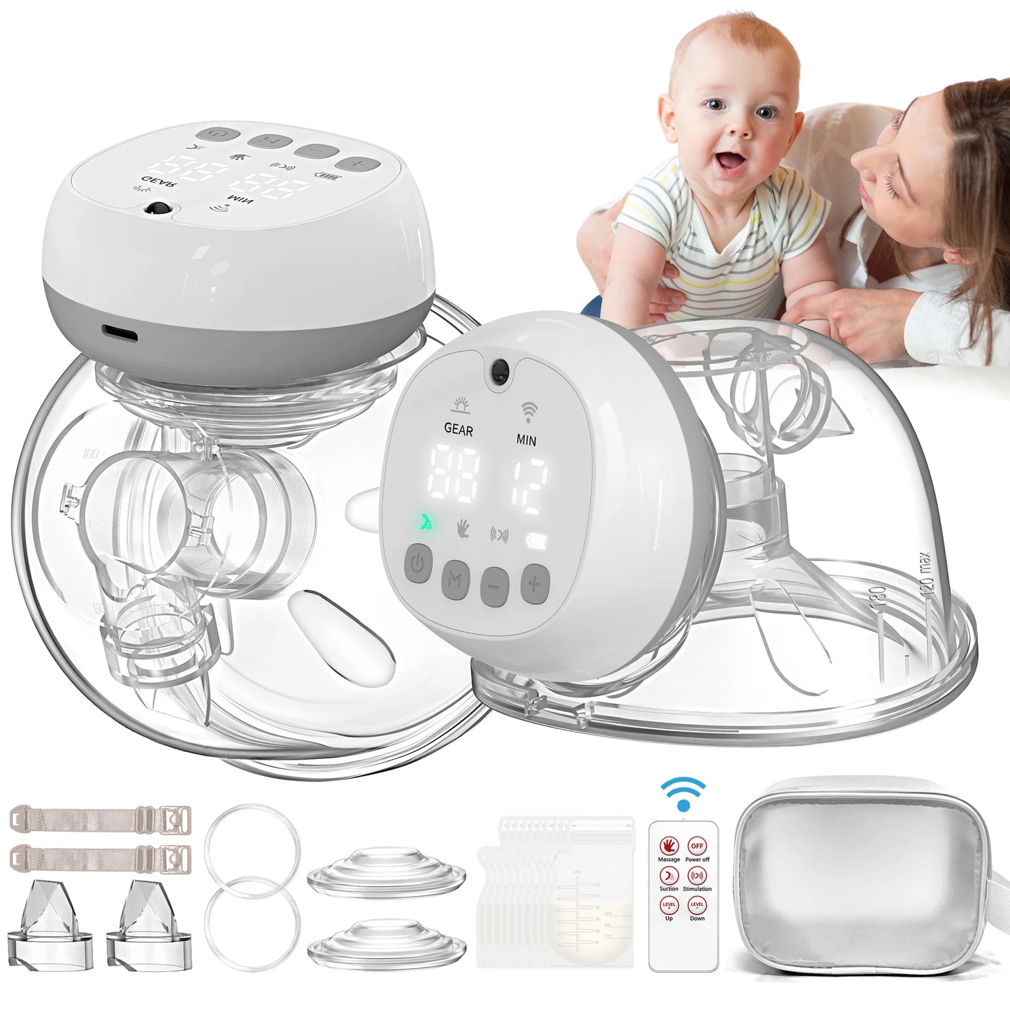 Breast Pump 1200mAh Portable Hands Free  12 Levels 3 Modes Electric Remote Control