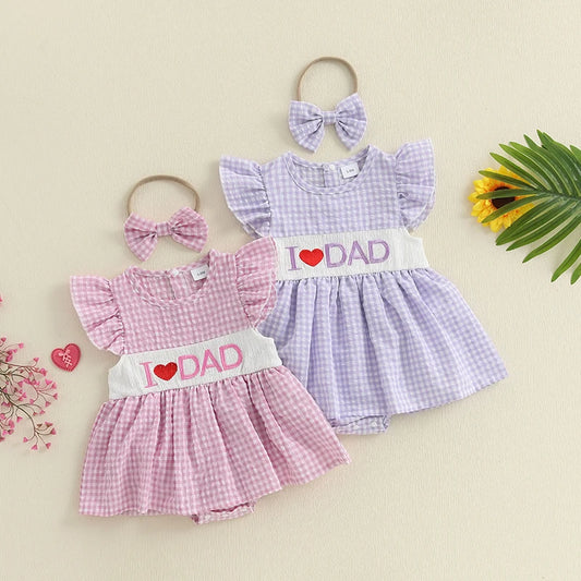 Infant Girls Checkered Romper Dress  with Matching Headband