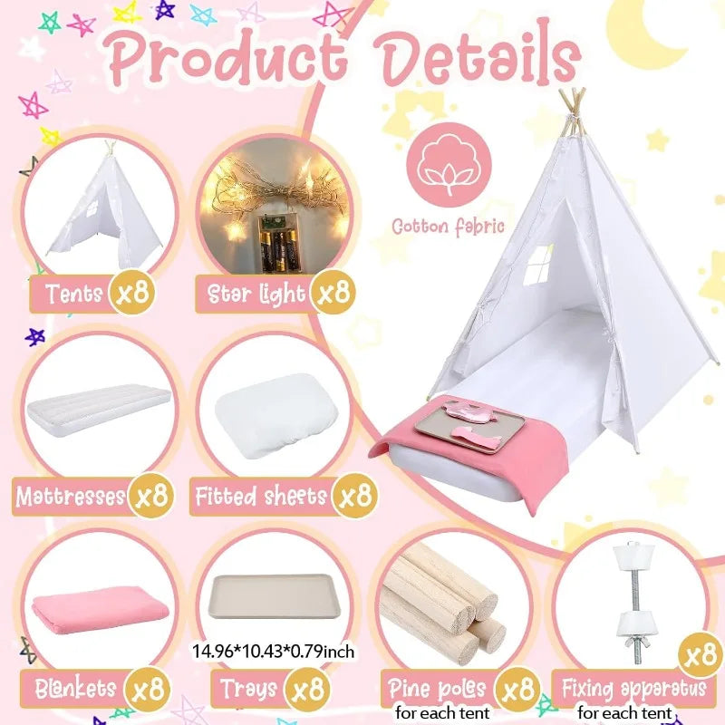 8 Pcs Kids Teepee - string lights, Inflatable Airbed, Bedding , Washable