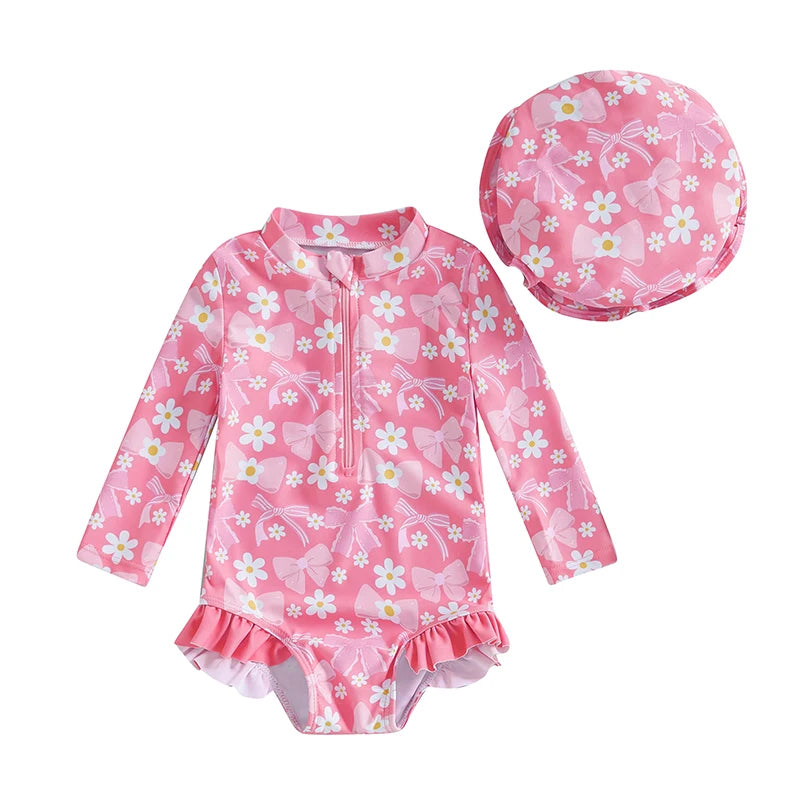 Girls Long Sleeve Swimsuit Romper with Bow Print and Matching Hat